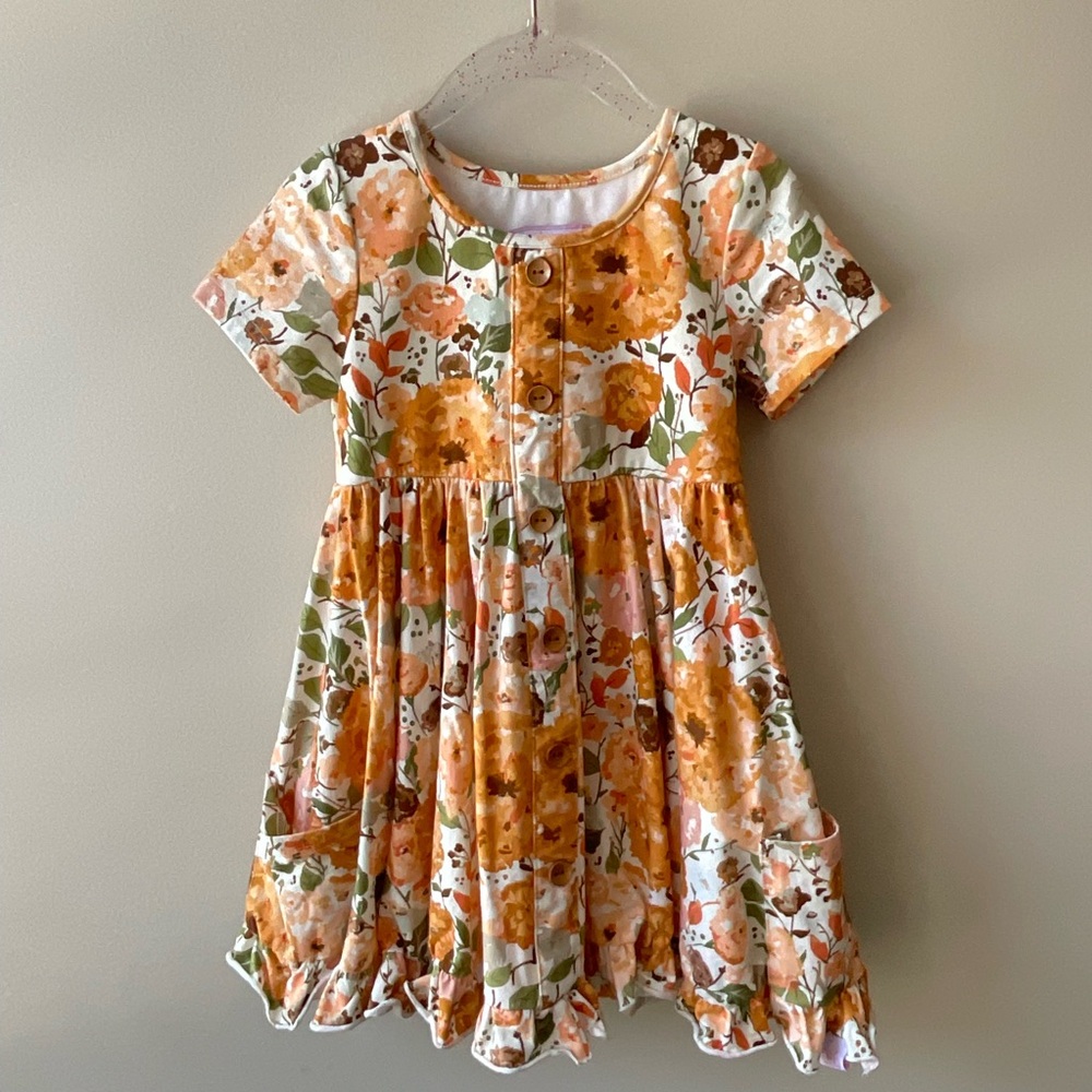 SweetHoney Orange and Green Pleated Sundress with Flutter Sleeves